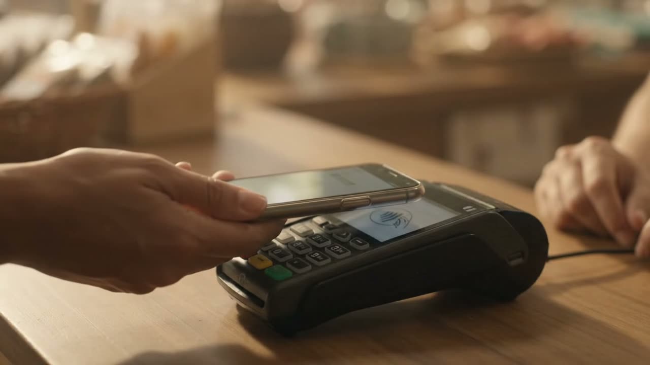 Cliente paga por aproximação no balcão enquanto a lojista acompanha