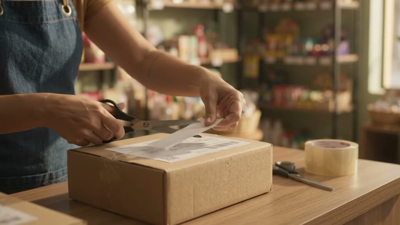 Mãos de uma lojista colando a etiqueta de envio numa caixa de papelão sobre o balcão de uma loja