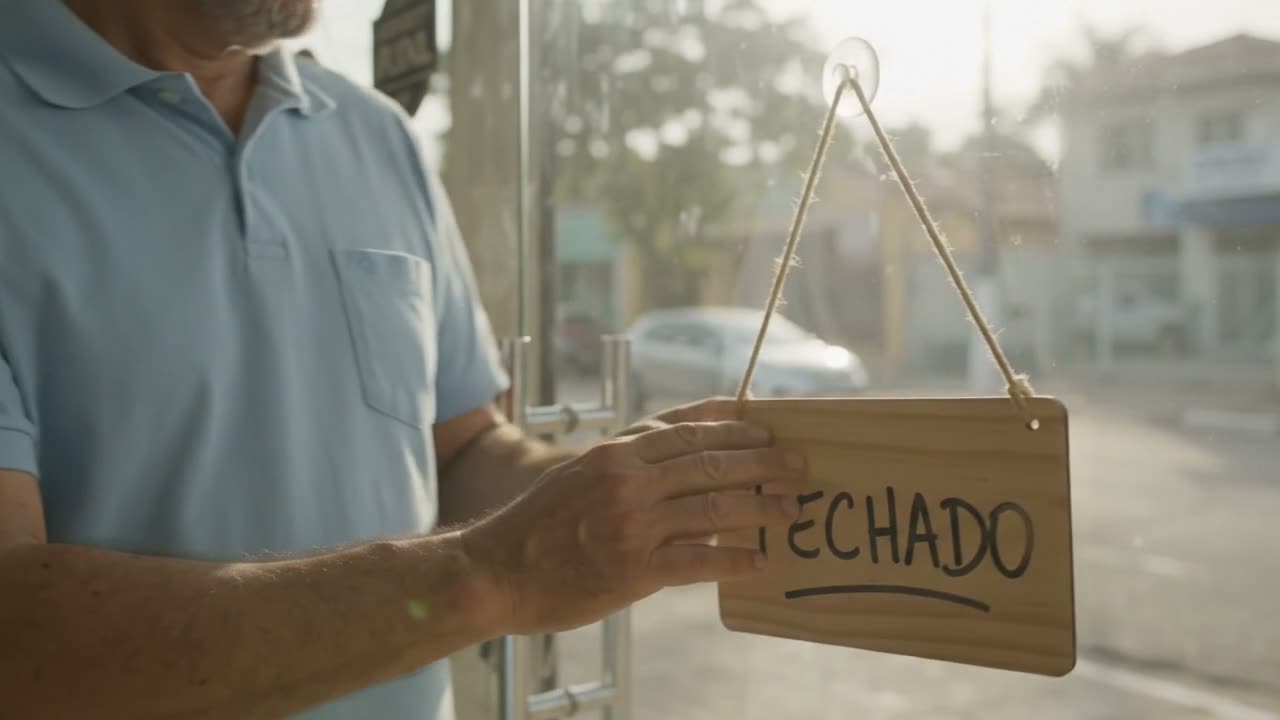 Lojista abre a loja pela manhã e vira a placa para aberto